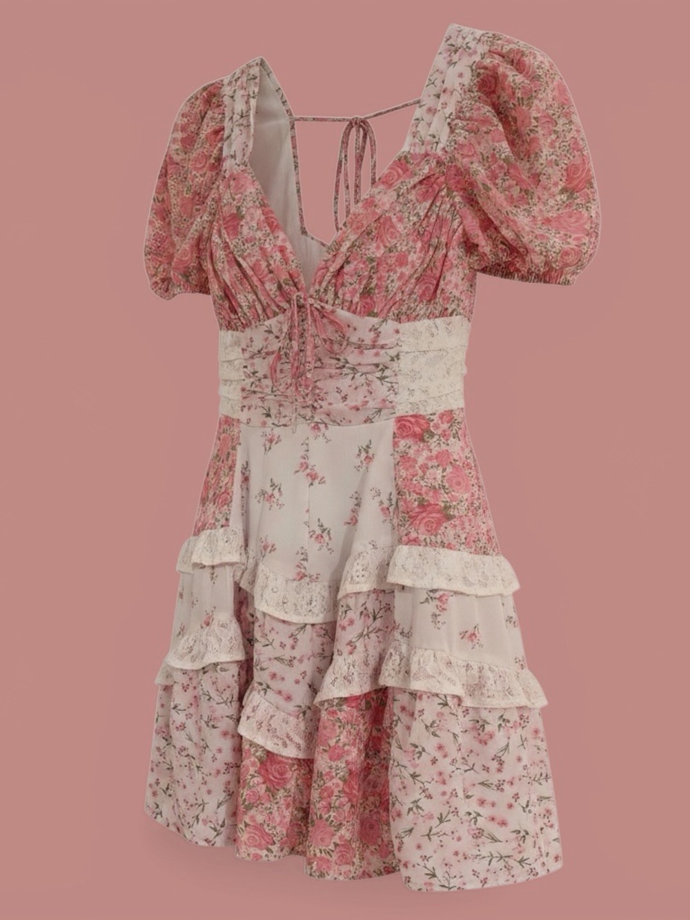 Altar'd State Pink Floral Puff-Sleeve Tiered Mini Dress